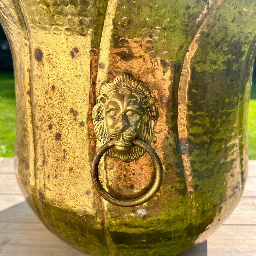 Large Vintage Brass Double Lion Head Planter
